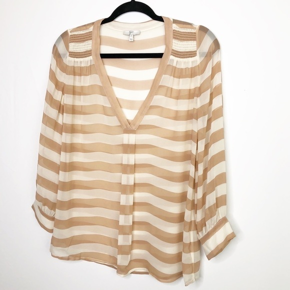 JOIE Aceline Tan/Cream silk striped v neck sheer blouse - Picture 8 of 9
